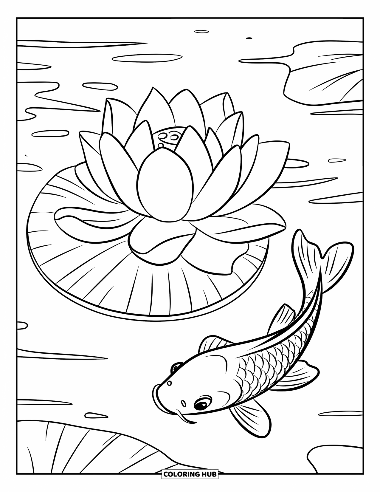 Lotus Coloring Page for Kids: Lotus flower sits above a koi fish swimming nearby