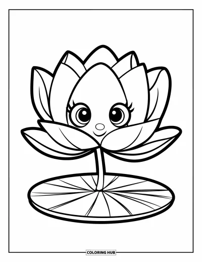 Coloriage de lotus pour enfants : Une fleur de lotus aux grands pétales flotte paisiblement sur une eau simple