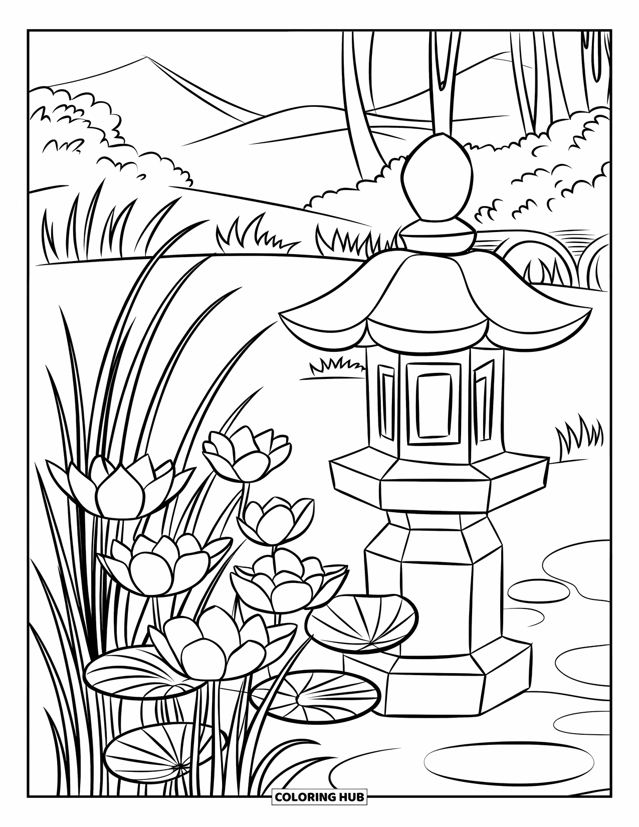 Lotus Coloring Page for Kids: Lotus flowers and lantern sit near a bridge and mountain view