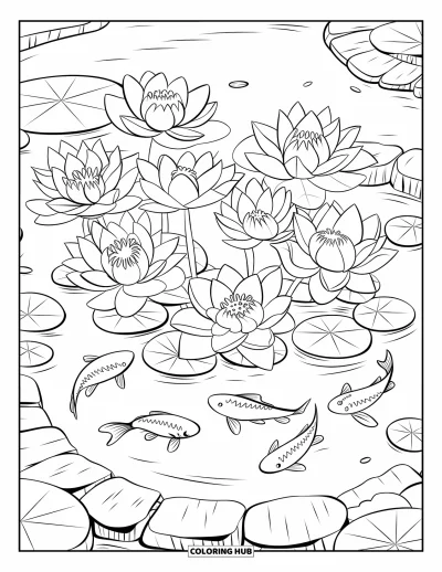 Coloriage de lotus pour enfants : Des fleurs de lotus s'épanouissent au-dessus de poissons koï qui nagent dans un petit étang