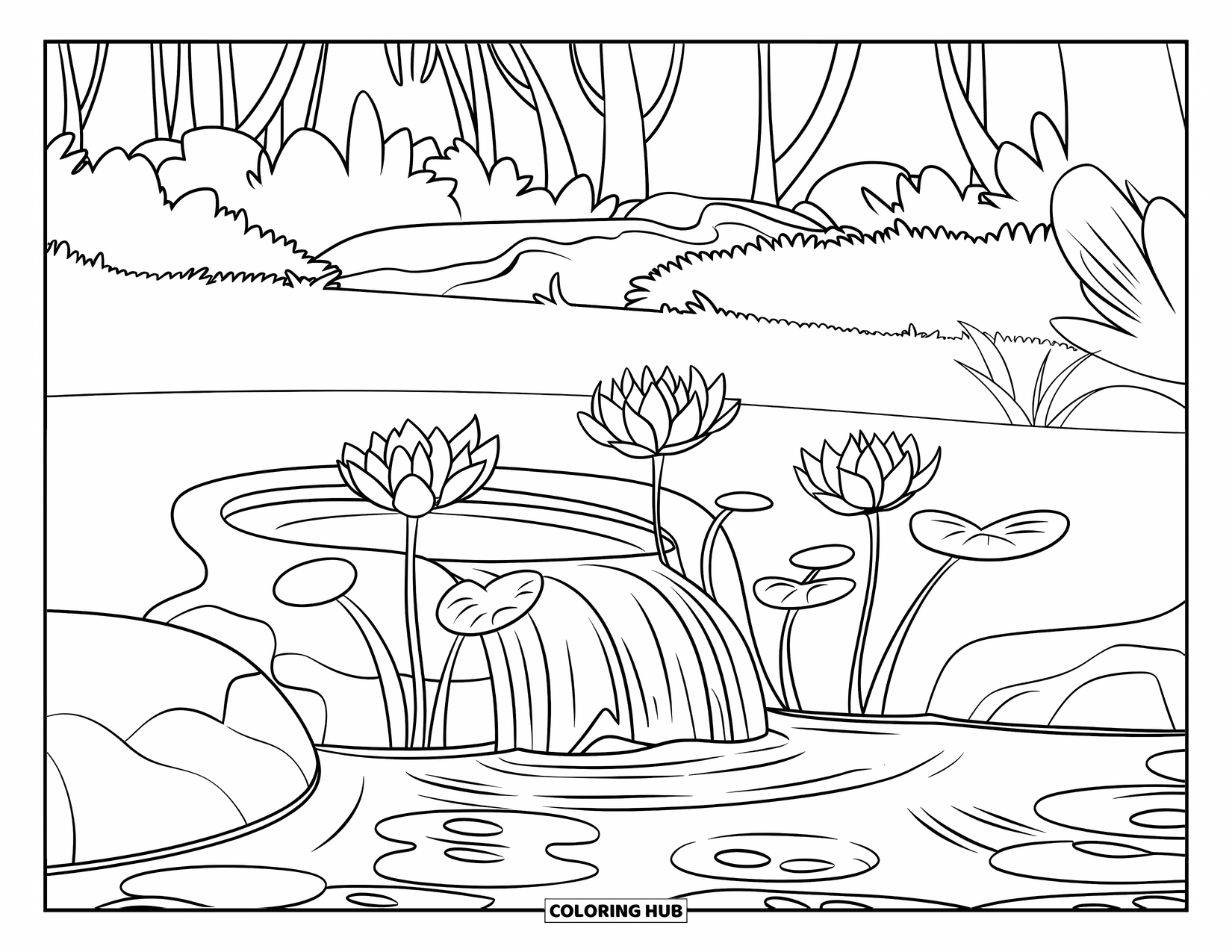 Lotus Coloring Page for Kids: Lotus flowers bloom beside a waterfall in a calm, green setting