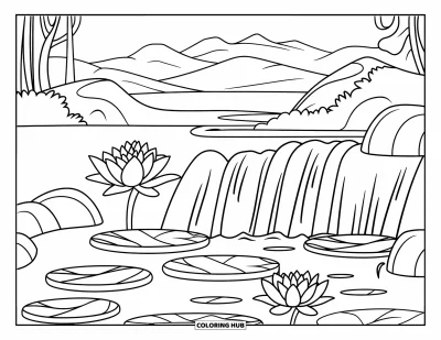 Coloriage de lotus pour enfants : Un étang de lotus avec une cascade, des rochers et une vue apaisante sur les montagnes