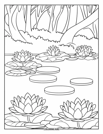 Coloriage de lotus pour enfants : Un étang de lotus avec des pierres de gué et de grands troncs d'arbres