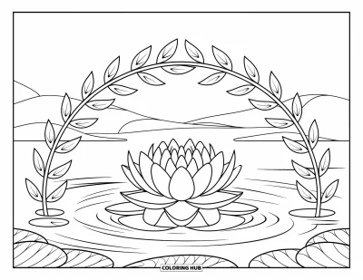 Coloriage de lotus pour enfants : Un lotus repose sur une eau calme sous des feuilles de saule avec des montagnes au loin