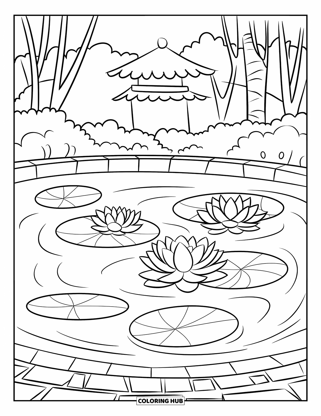 Lotus Coloring Page for Kids: Lotus trio blooms on a rippled pond beside trees and a pagoda