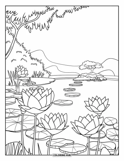 Coloriage de lotus pour enfants : Des lotus s'épanouissent le long d'un sentier de pierres dans un jardin de montagne