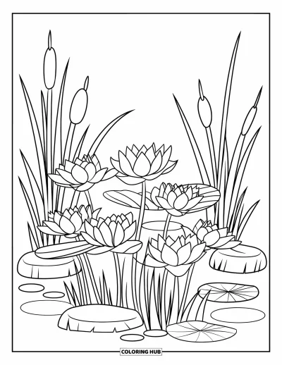 Coloriage de lotus pour enfants : Des lotus près de roseaux et de pierres d'étang dans une joyeuse scène de jardin