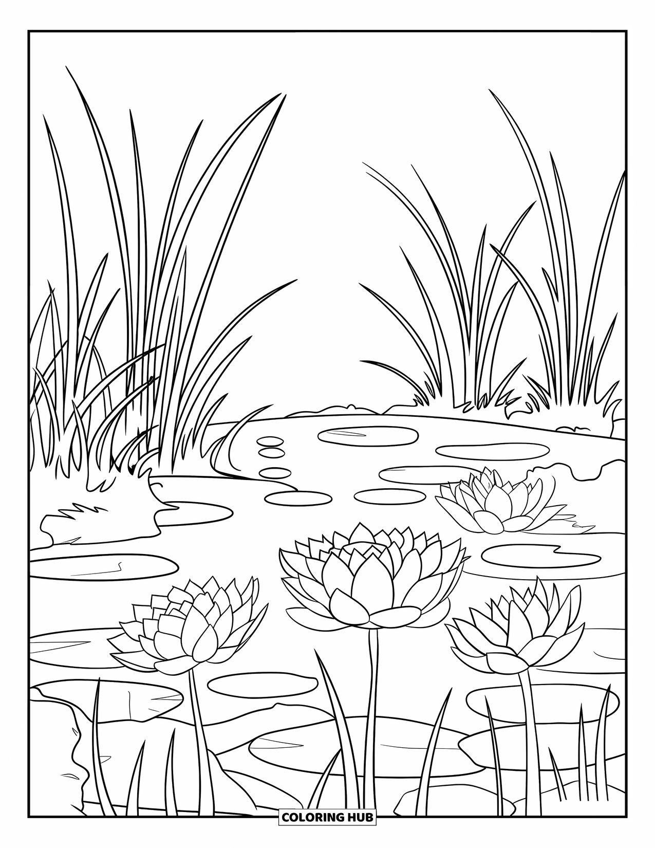 Lotus Coloring Page for Kids: Pond full of lotus blooms, tall reeds, and gentle stones