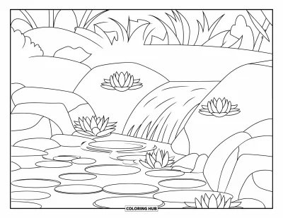 Coloriage de lotus pour enfants : Un étang avec des fleurs de lotus et une cascade entourée de hautes plantes