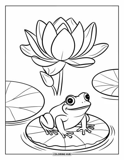 Coloriage de lotus pour enfants : Une grenouille souriante et un lotus en fleur flottent côte à côte