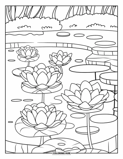 Coloriage de lotus pour enfants : Des pierres de gué traversent un étang orné de fleurs de lotus épanouies