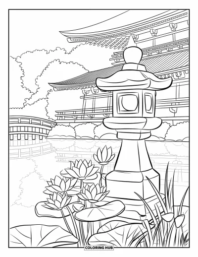 Coloriage de lotus pour enfants : Une lanterne en pierre et des fleurs de lotus décorent un jardin serein près d'un temple