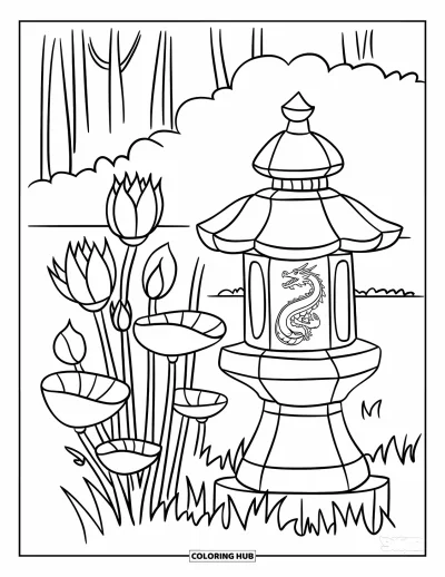 Coloriage de lotus pour enfants : Une lanterne en pierre est entourée de fleurs de lotus et de hautes herbes