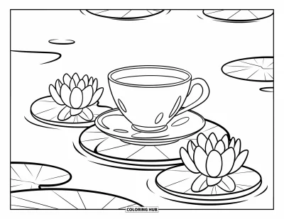 Coloriage de lotus pour enfants : Une tasse à thé flotte sur un nénuphar près de deux fleurs de lotus