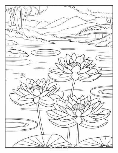 Coloriage de lotus pour enfants : Trois grandes fleurs de lotus flottent sur un étang calme avec des montagnes en arrière-plan