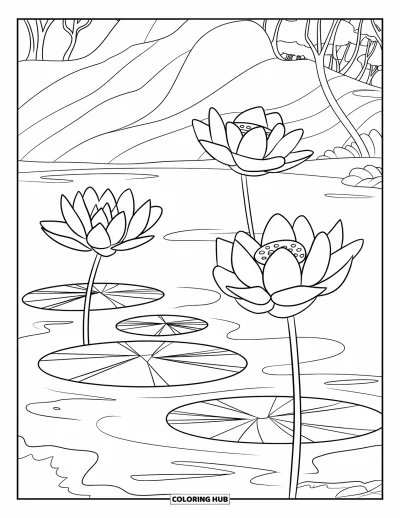 Coloriage de lotus pour enfants : Trois fleurs de lotus s'épanouissent doucement sur un étang serein avec des montagnes au loin