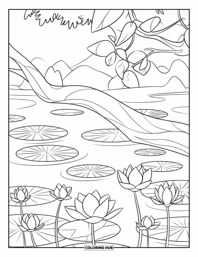 Coloriage de lotus pour enfants : Une branche d'arbre s'incline au-dessus d'un étang de lotus garni de fleurs épanouies