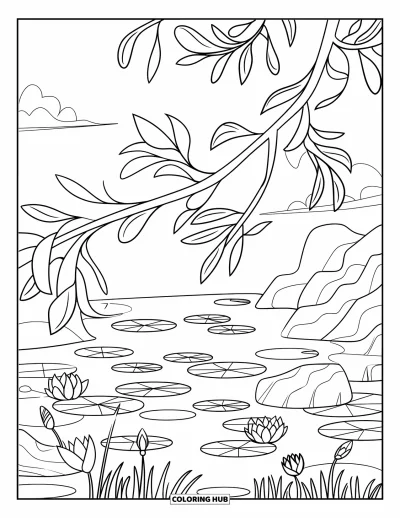 Coloriage de lotus pour enfants : Un arbre aux grandes feuilles se courbe au-dessus d'un étang de lotus avec des nénuphars et des nuages