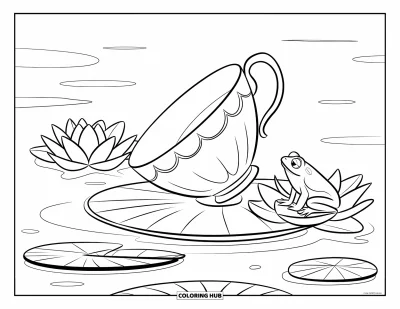 Coloriage de lotus pour enfants : Une tasse à thé renversée flotte avec une grenouille sur un lotus en fleur
