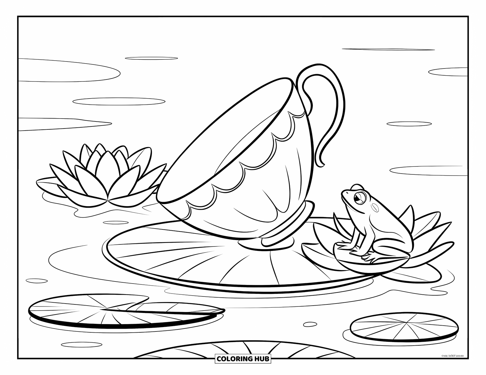 Lotus Coloring Page for Kids: Upside-down teacup floats with a frog on a blooming lotus