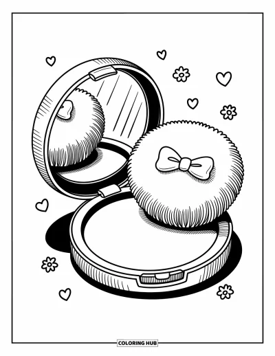 Coloriage de maquillage pour adultes : Poudrier ouvert dévoilant une houppette avec un nœud et de la poudre douce