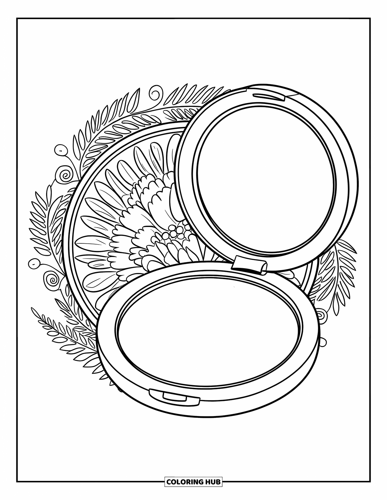 Makeup Coloring Page for Adults: Compact mirror with floral puff at the heart of a mandala