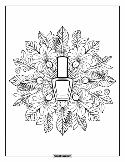 Coloriage de maquillage pour adultes : Mandala détaillé de feuilles et d'hibiscus autour d'un flacon de vernis à ongles