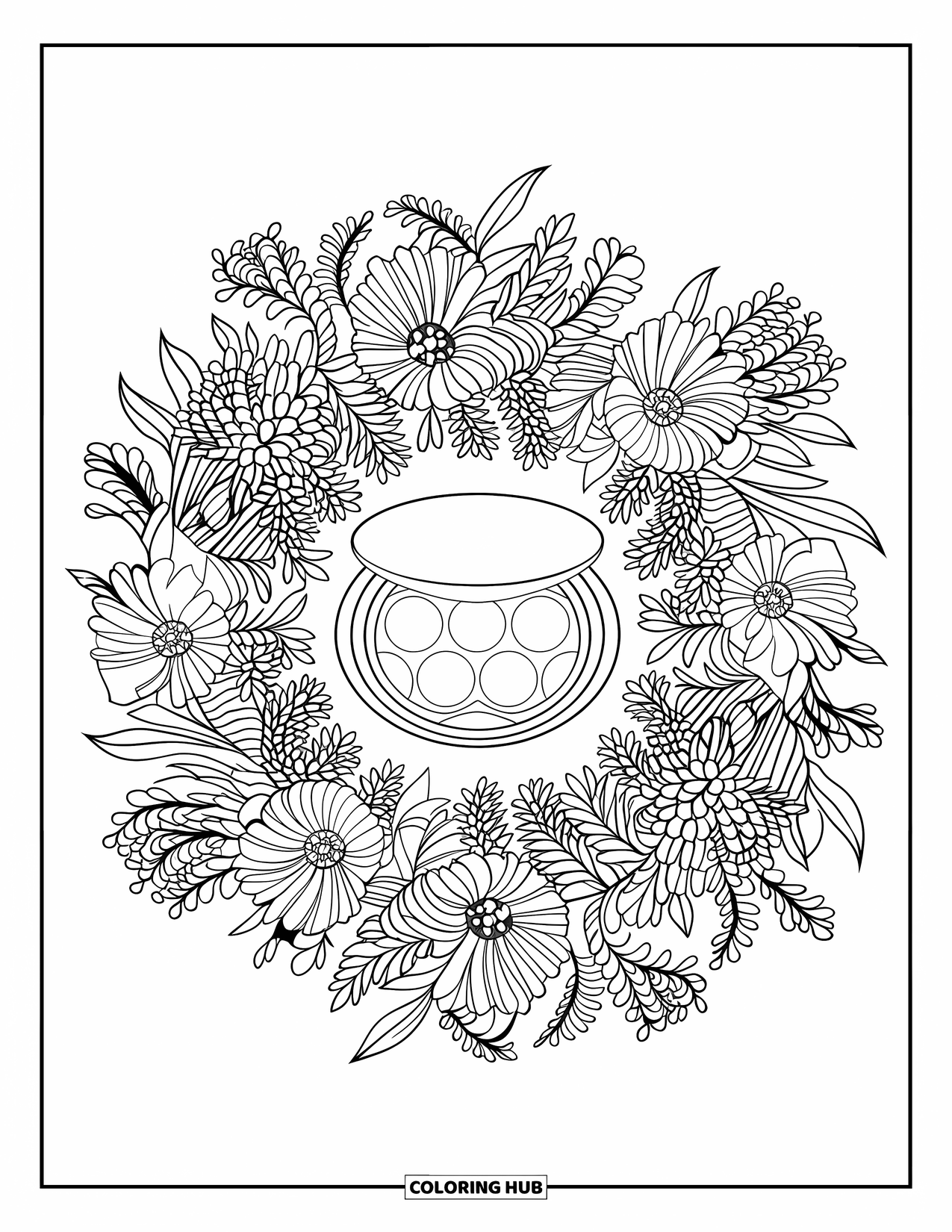 Makeup Coloring Page for Adults: Eyeshadow palette in the middle of a wildflower mandala