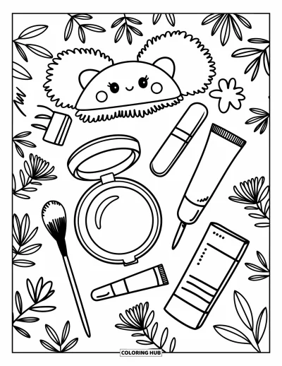 Coloriage de maquillage pour adultes : Disposition à plat d'articles de maquillage avec des fleurs et des motifs chaleureux