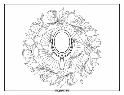Coloriage de maquillage pour adultes : Mandala floral avec un miroir de coiffeuse en son centre