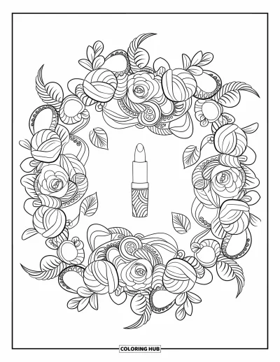 Coloriage de maquillage pour adultes : Rouge à lèvres au cœur d'un mandala de roses en pleine floraison