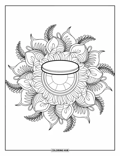 Coloriage de maquillage pour adultes : Mandala d'inspiration lotus avec un poudrier au centre