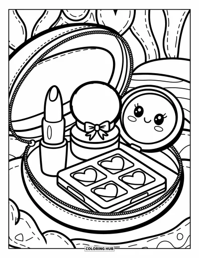 Coloriage de maquillage pour adultes : Trousse de maquillage avec de petits fards en cœur, une houppette et un rouge à lèvres avec nœud