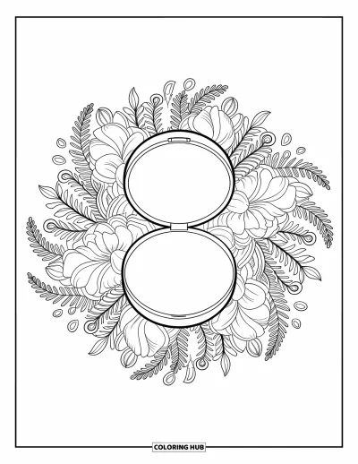 Coloriage de maquillage pour adultes : Mandala de pivoines et de fougères avec un poudrier et une houppette