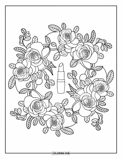 Coloriage de maquillage pour adultes : Mandala de roses et de lianes enroulé autour d'un rouge à lèvres