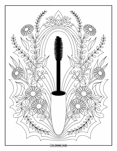Coloriage de maquillage pour adultes : Mascara au centre d'un mandala de marguerites et d'eucalyptus