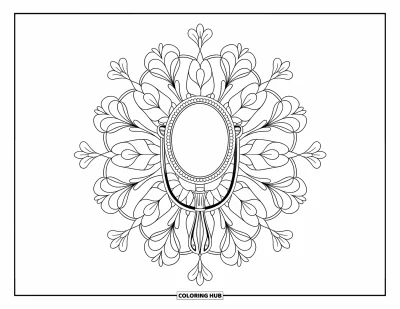 Coloriage de maquillage pour adultes : Miroir entouré d'un mandala floral avec du lierre et des pétales superposés