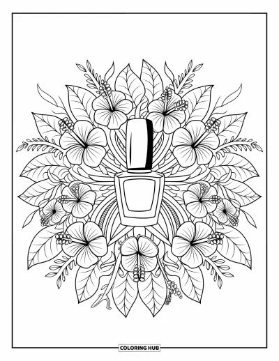 Coloriage de maquillage pour adultes : Flacon de vernis à ongles au centre d'un mandala tropical fleuri