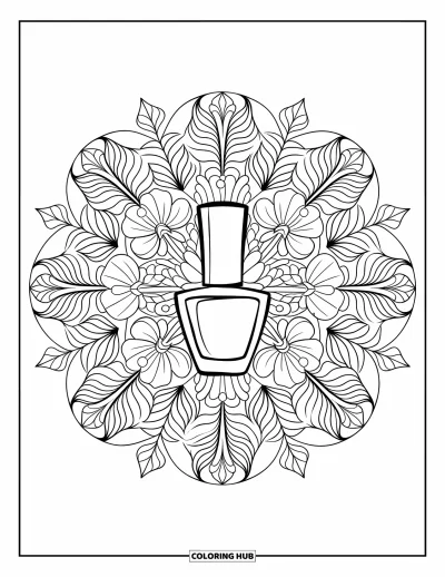 Coloriage de maquillage pour adultes : Flacon de vernis à ongles entouré d'un mandala de feuilles tropicales