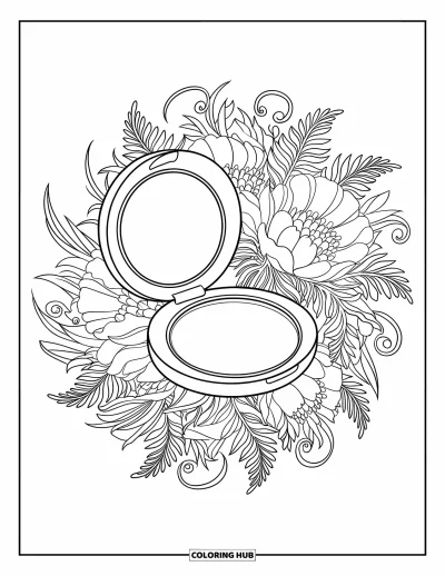 Coloriage de maquillage pour adultes : Poudrier ouvert avec houppette fleurie dans un mandala de pivoines