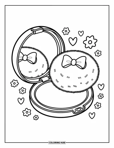 Coloriage de maquillage pour adultes : Poudrier ouvert montrant de la poudre et une houppette avec de jolis petits détails