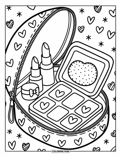 Coloriage de maquillage pour adultes : Trousse ouverte révélant une mignonne palette en forme de cœur et une houppette