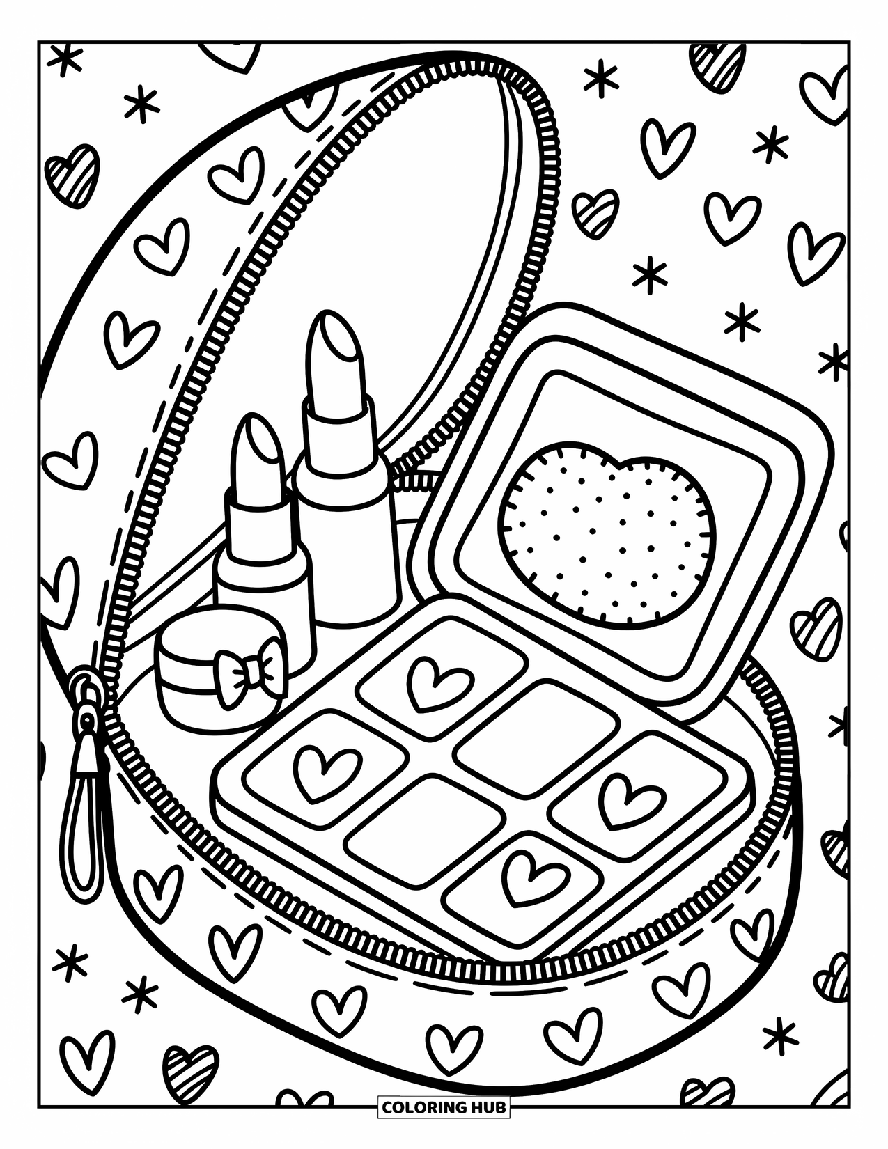Makeup Coloring Page for Adults: Open makeup bag showing cute heart-shaped palette and puff
