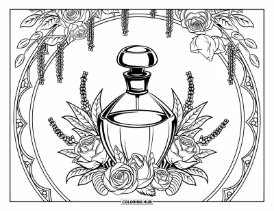 Coloriage de maquillage pour adultes : Flacon de parfum niché dans un mandala de roses et de lianes