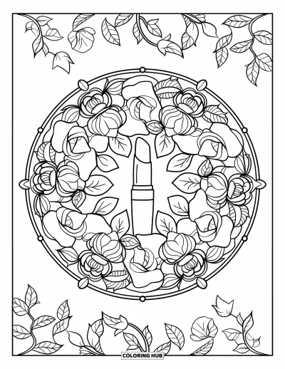 Coloriage de maquillage pour adultes : Mandala de roses centré sur un tube de rouge à lèvres