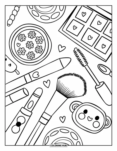 Coloriage de maquillage pour adultes : Vue plongeante d'adorables articles de beauté et de motifs ludiques