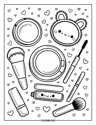 Coloriage de maquillage pour adultes : Vue de dessus d'essentiels de beauté avec un pinceau duveteux et un baume à lèvres