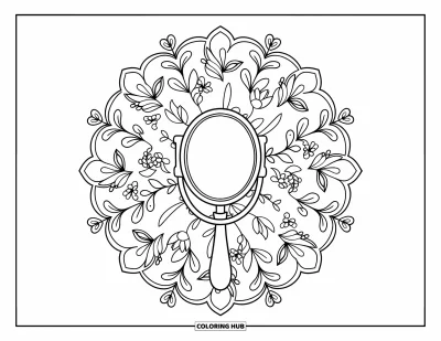 Coloriage de maquillage pour adultes : Miroir de coiffeuse au cœur d'un mandala fleuri de pétales et de lierre