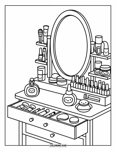 Coloriage de maquillage pour adultes : Coiffeuse garnie de jolis pots de maquillage et de pinceaux