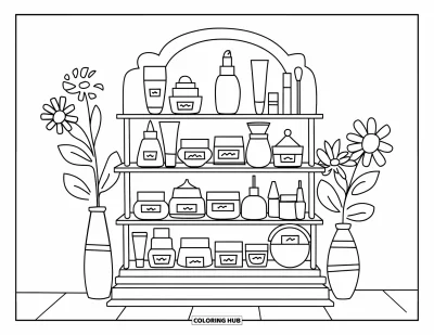 Coloriage de maquillage pour enfants : Étagère de beauté avec des pots, des crèmes, des poudres et des fleurs
